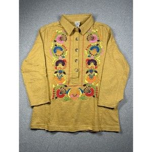 Sister Mary Isabel Embroidered Flowers Yellow Long‎ Sleeve Top Collared XS